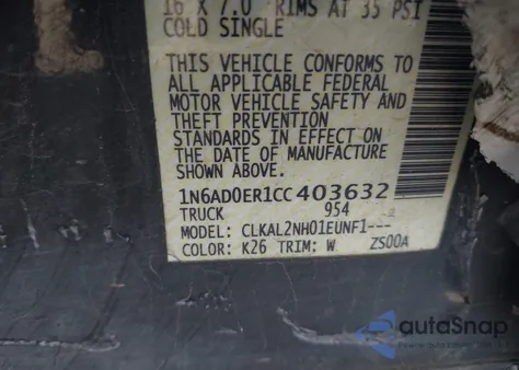 2012 Nissan Frontier Sv из США, поврежденный, VIN 1N6AD0ER1CC403632